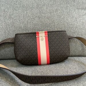 Michael Kors Brown and Red Belt Bag with Sporty Stripe